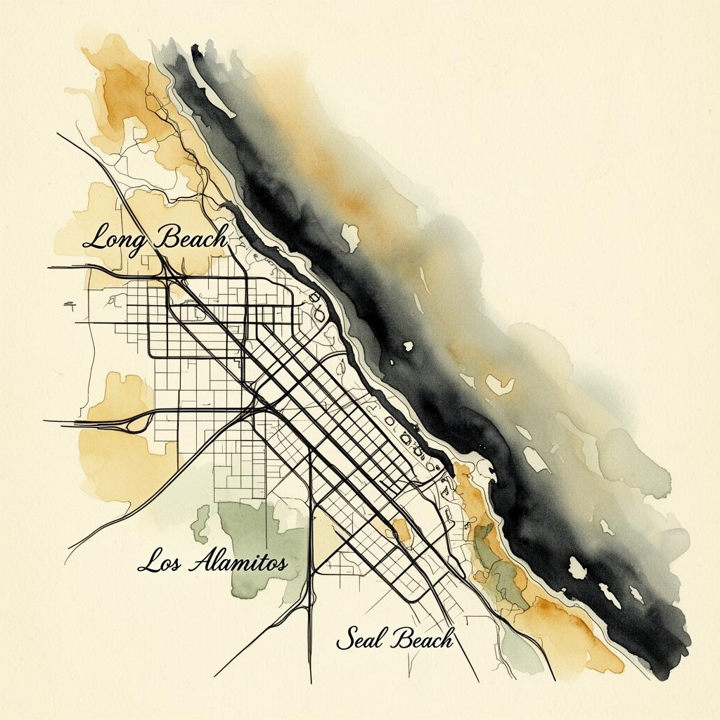 Stylized watercolor map of Long Beach, Los Alamitos and Seal Beach
